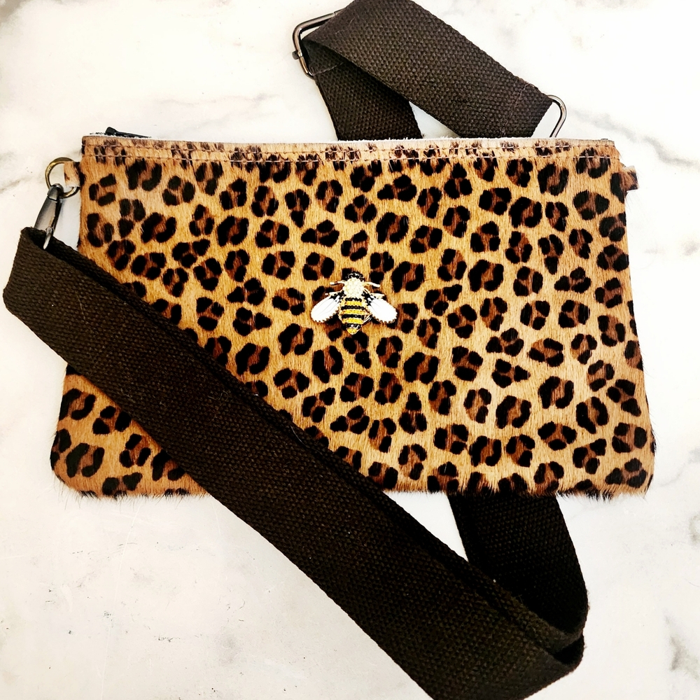 Leopard Print Hair on Hide Crossbody Bag with Bee Snap Charm & Adjustable Strap - Picture 8 of 9
